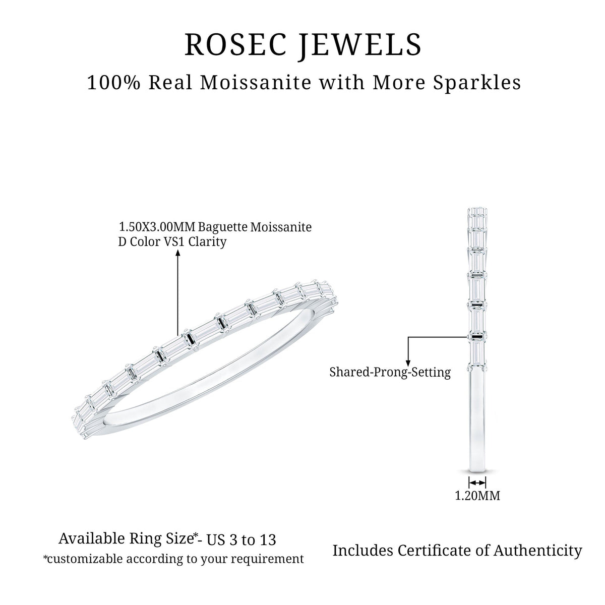 Baguette Shape Moissanite Half Eternity Stackable Ring
