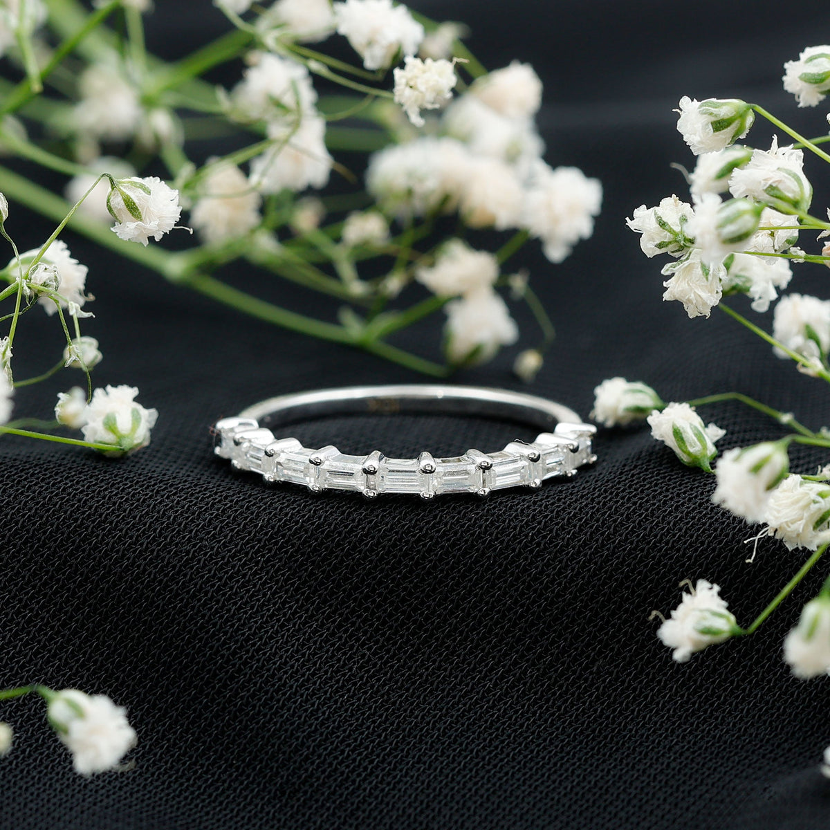 Baguette Shape Moissanite Half Eternity Stackable Ring