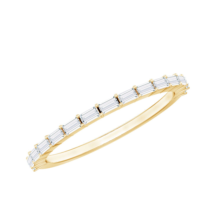 Rosec Jewels baguette-shaped moissanite half eternity stackable ring with sparkling gemstones on a sleek band