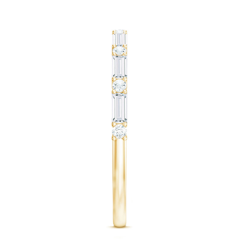 Minimalist moissanite stackable wedding ring for women by Rosec Jewels, featuring a sleek design with sparkling stones on a silver band.