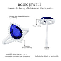 Certified 3 Carat Lab Grown Blue Sapphire Pear Shaped Engagement Ring with Diamond Halo