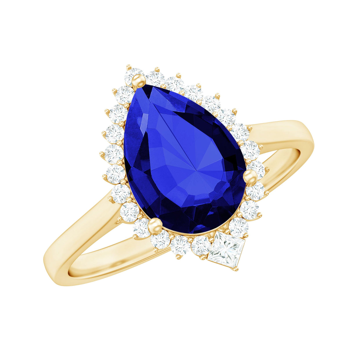 Certified 3 Carat Lab Grown Blue Sapphire Pear Shaped Engagement Ring with Diamond Halo