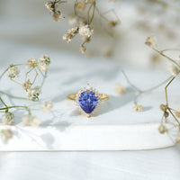 Certified 3 Carat Lab Grown Blue Sapphire Pear Shaped Engagement Ring with Diamond Halo