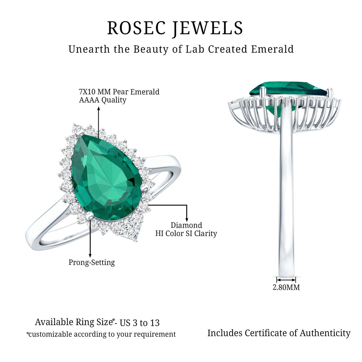 Certified 7X10 mm Lab Grown Emerald Teardrop Engagement Ring with Diamond Halo