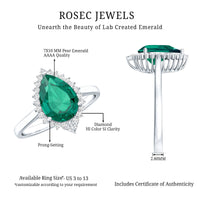 Certified 7X10 mm Lab Grown Emerald Teardrop Engagement Ring with Diamond Halo