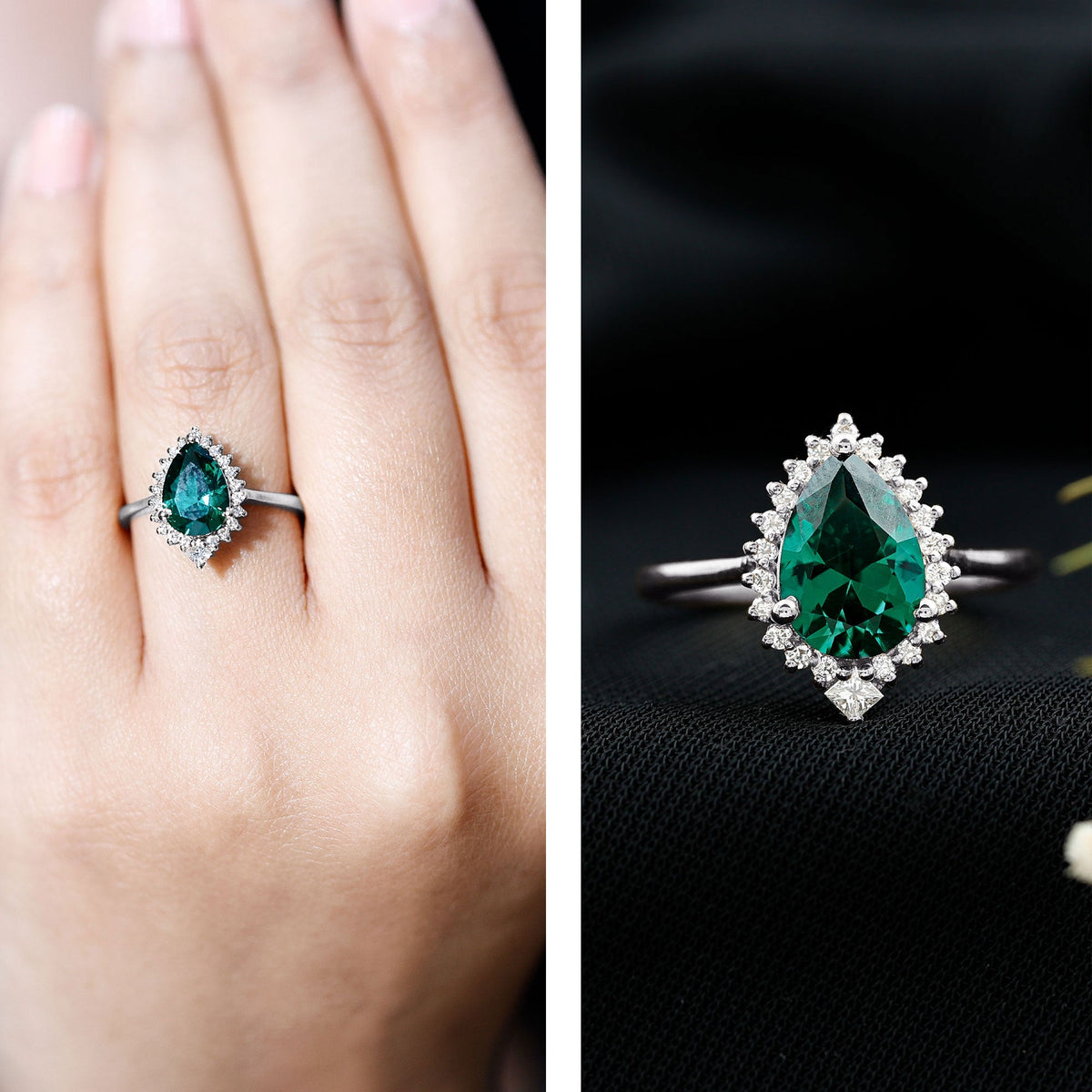 Certified 7X10 mm Lab Grown Emerald Teardrop Engagement Ring with Diamond Halo