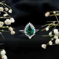 Certified 7X10 mm Lab Grown Emerald Teardrop Engagement Ring with Diamond Halo