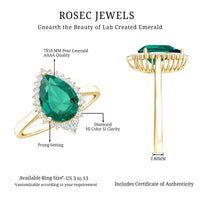 Certified 7X10 mm Lab Grown Emerald Teardrop Engagement Ring with Diamond Halo