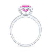 Oval Cut Created Pink Sapphire and Diamond Halo Ring