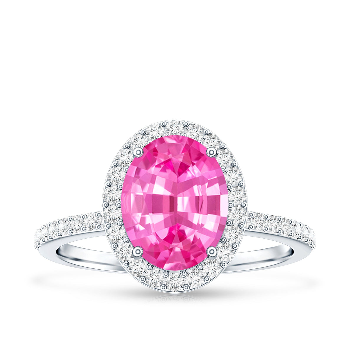 Oval Cut Created Pink Sapphire and Diamond Halo Ring