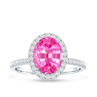 Oval Cut Created Pink Sapphire and Diamond Halo Ring