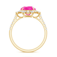 Created Pink Sapphire Cocktail Ring with Moissanite Floral Halo