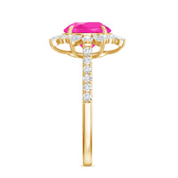 Created Pink Sapphire Cocktail Ring with Moissanite Floral Halo