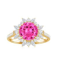 Created Pink Sapphire Cocktail Ring with Moissanite Floral Halo