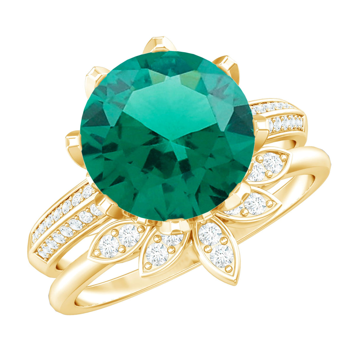 Floral Inspired Lab Grown Emerald Bridal Engagement Ring With Moissanite Enhancer