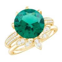 Floral Inspired Lab Grown Emerald Bridal Engagement Ring With Moissanite Enhancer