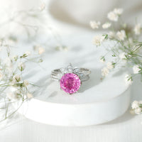 Floral Inspired Lab Grown Pink Sapphire Bridal Wedding Ring Set With Moissanite