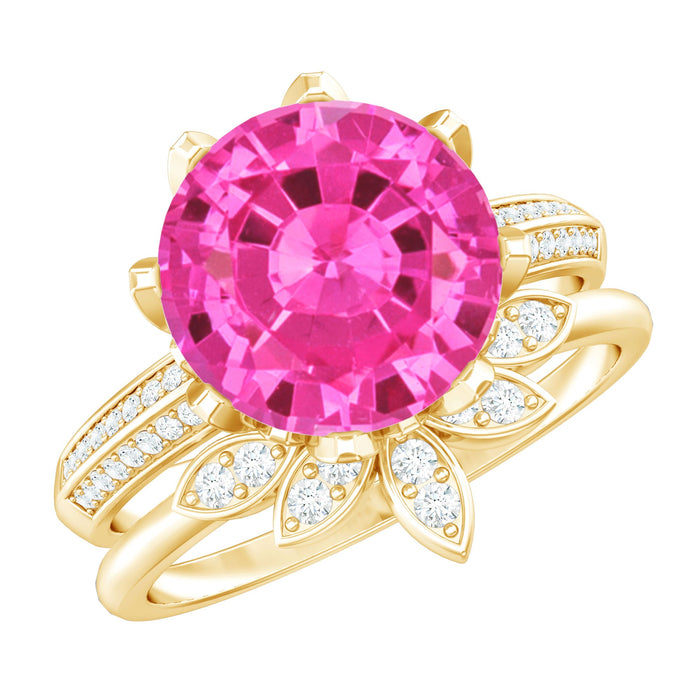 Rosec Jewels floral-inspired lab-grown pink sapphire wedding ring set with moissanite, featuring intricate detailing and sparkling gemstones.