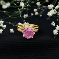 Floral Inspired Lab Grown Pink Sapphire Bridal Wedding Ring Set With Moissanite