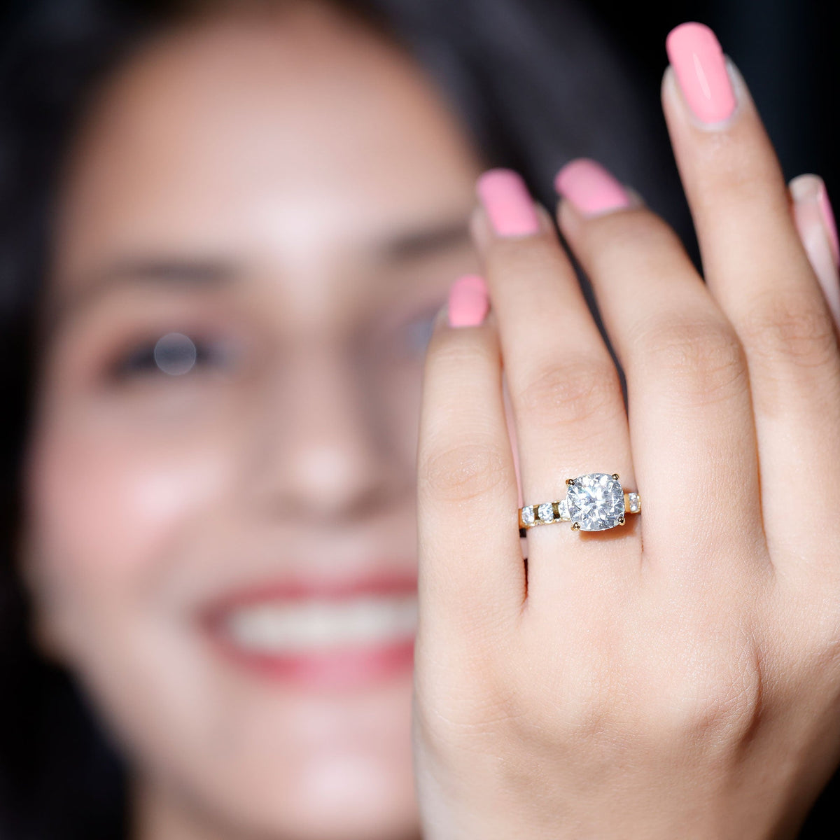 Cushion Cut Zircon Engagement Ring with Side Stones