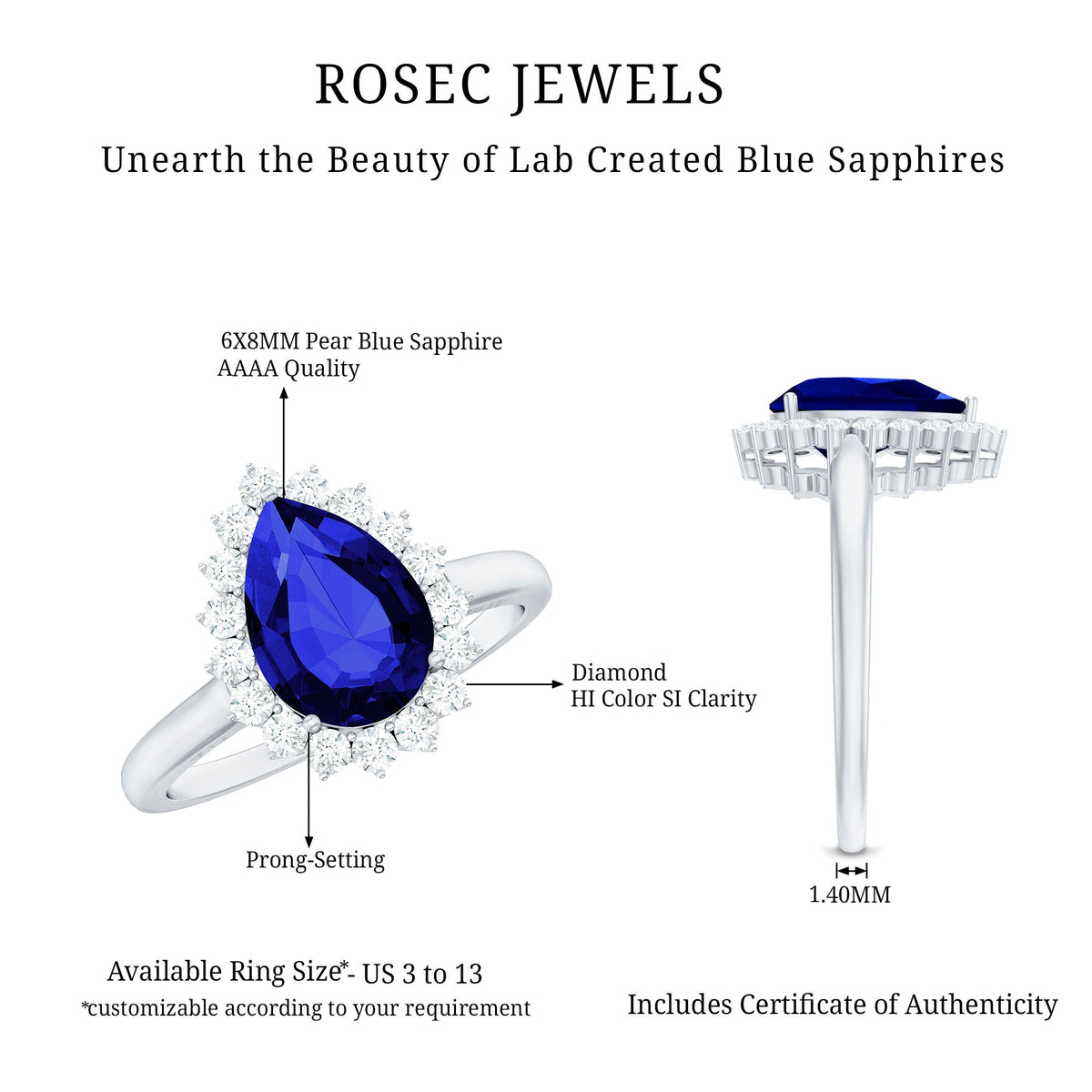 Certified 3.3 Carat Lab Grown Pear Shaped Blue Sapphire Engagement Ring with Diamond Halo