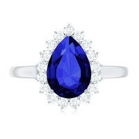Certified 3.3 Carat Lab Grown Pear Shaped Blue Sapphire Engagement Ring with Diamond Halo