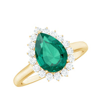 2 Carat Pear Cut Lab Created Emerald Halo Engagement Ring with Diamond