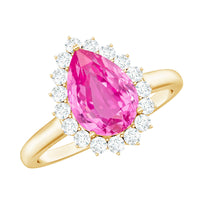 Pear Created Pink Sapphire and Diamond Halo Engagement Ring