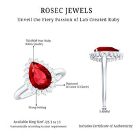Certified 2.9 Carat Lab Grown Ruby Teardrop Engagement Ring with Diamond Halo