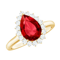 Certified 2.9 Carat Lab Grown Ruby Teardrop Engagement Ring with Diamond Halo