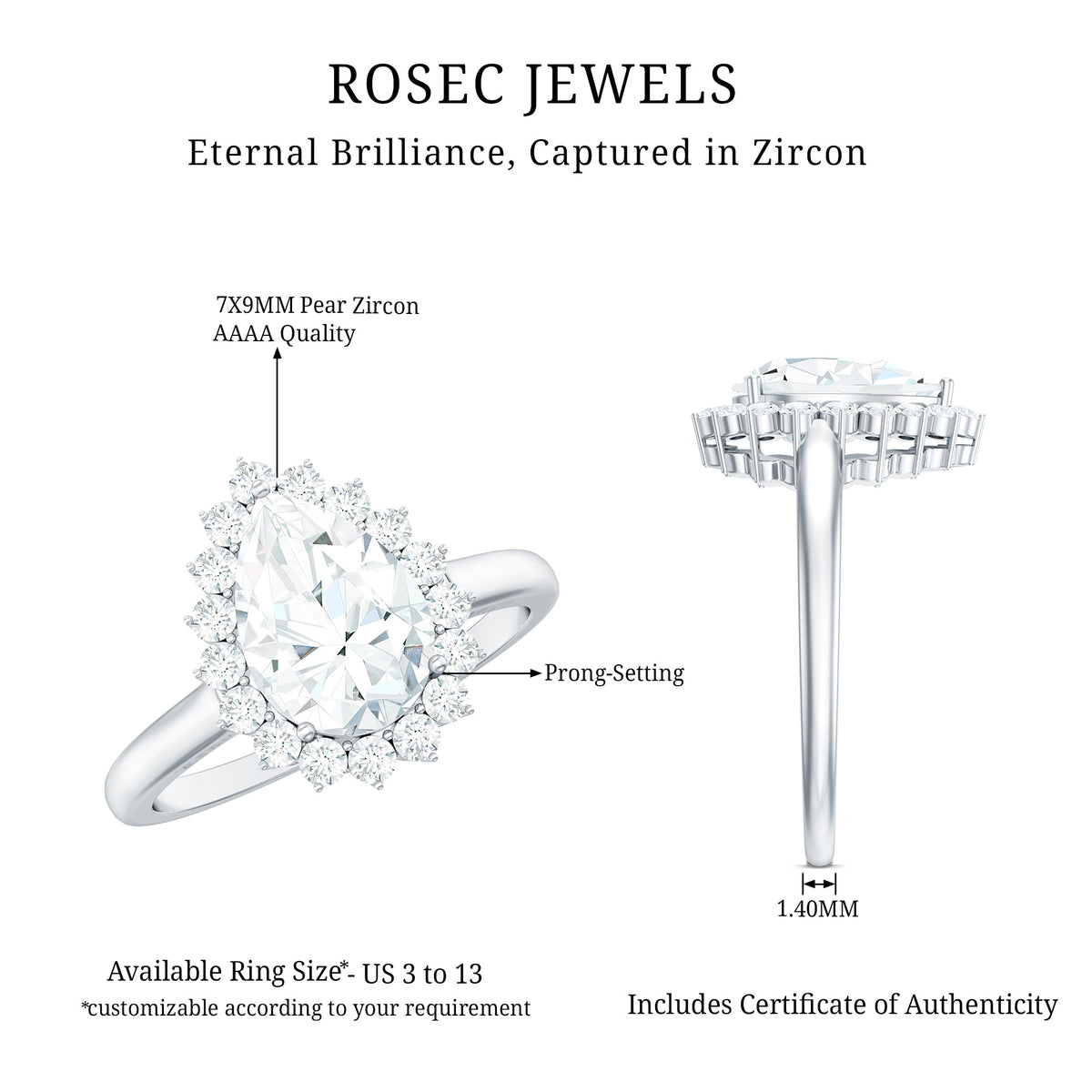 1.4 Carat Cubic Zirconia Teardrop Halo Engagement Ring