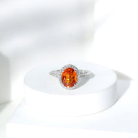 4 Carat Lab Grown Orange Sapphire Oval Engagement Ring with Diamond Halo