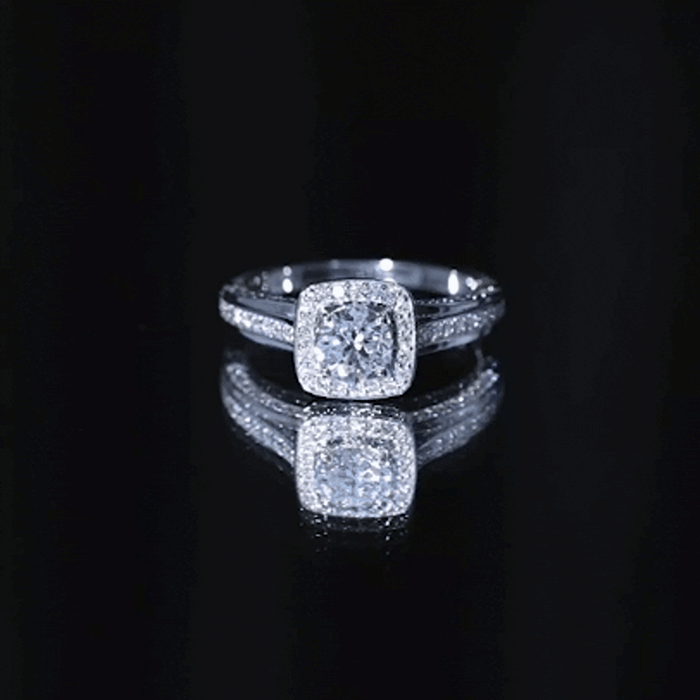 Yellow gold lab-grown diamond halo engagement ring by Rosec Jewels featuring a 0.9-carat center stone and intricate halo design.