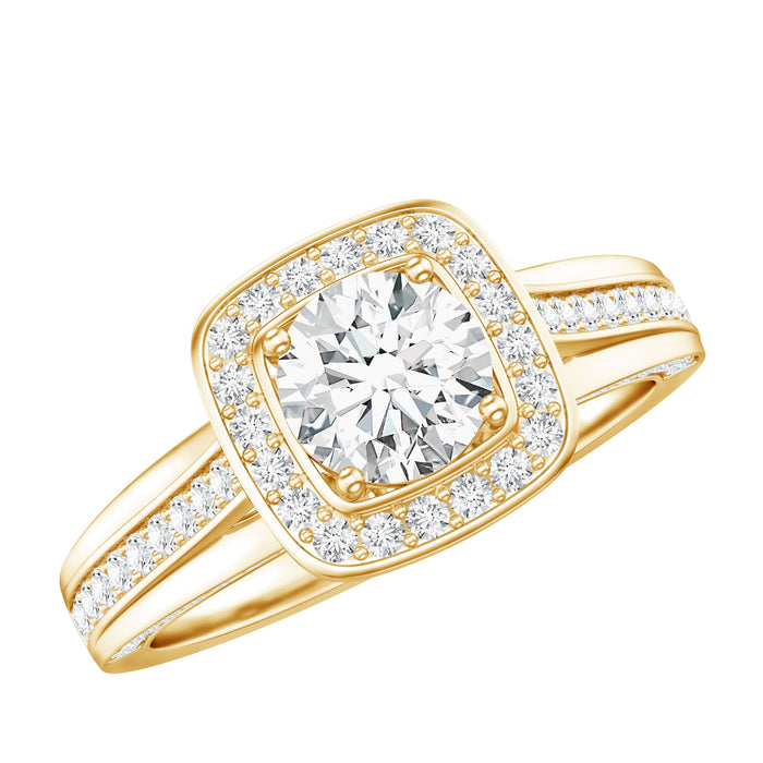 Rosec Jewels lab-grown diamond halo engagement ring with a 0.9 carat center stone and intricate platinum band.