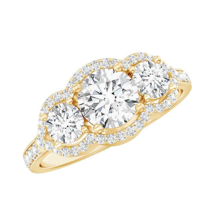 Certified lab-grown diamond 3-stone engagement ring by Rosec Jewels featuring a sleek band and sparkling central stones.
