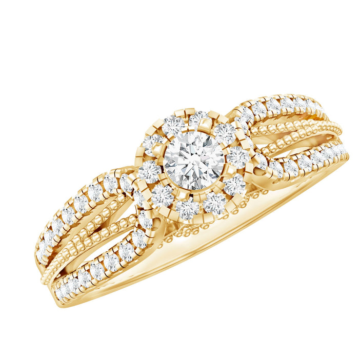 Vintage style engagement ring with lab-grown diamond featuring intricate metalwork and a sparkling center stone from Rosec Jewels