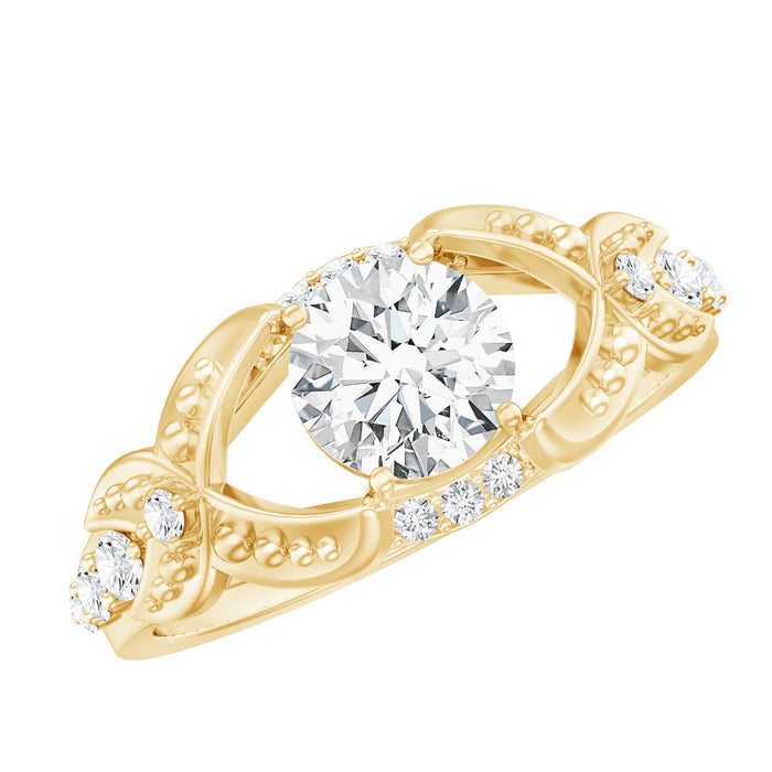 Vintage-inspired Rosec Jewels engagement ring featuring a 6mm lab-grown diamond with intricate detailing and a classic setting.