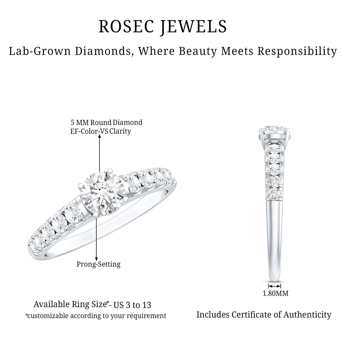 Lab Grown Diamond Classic Engagement Ring With Side Stones