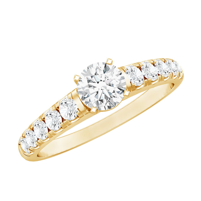 Lab grown diamond engagement ring with side stones, classic design by Rosec Jewels, showcasing sparkling diamonds and elegant craftsmanship.