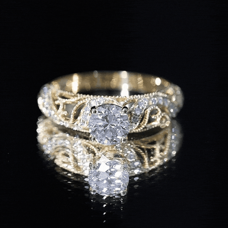 Yellow gold vintage-style engagement ring with a 0.9-carat lab-grown diamond from Rosec Jewels, featuring intricate design details.