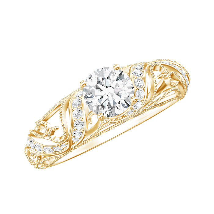 Vintage-style Rosec Jewels 0.9 carat lab grown diamond engagement ring with intricate metalwork and sparkling center stone.