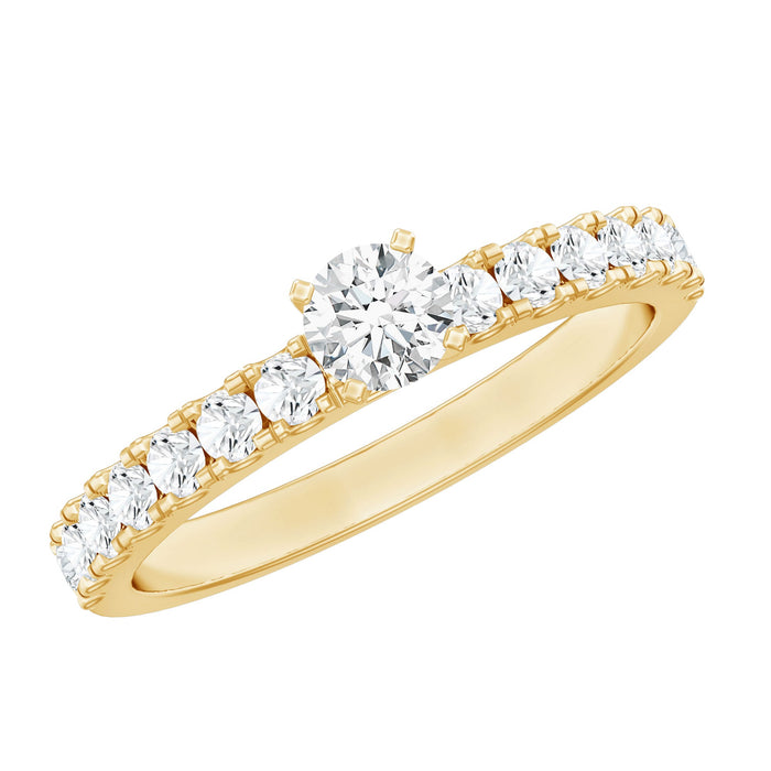Certified lab-grown diamond engagement ring with side stones from Rosec Jewels, featuring a sparkling central diamond and intricate band.