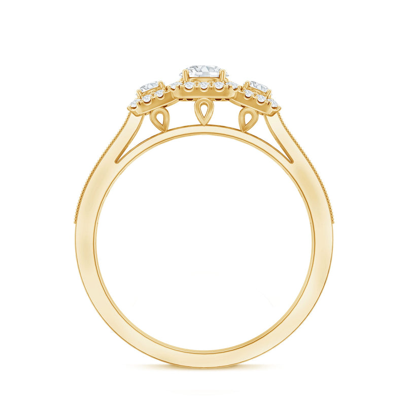 Rosec Jewels lab grown diamond three stone engagement ring with sparkling center and side stones in a sleek silver setting.