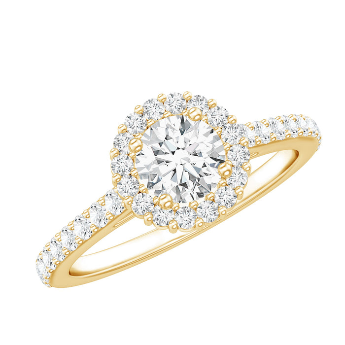 Lab grown diamond halo engagement ring with side stones from Rosec Jewels featuring a central diamond and sparkling side accents.