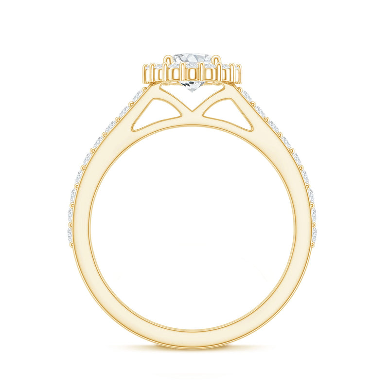 Lab grown diamond halo engagement ring by Rosec Jewels featuring side stones and intricate band design.