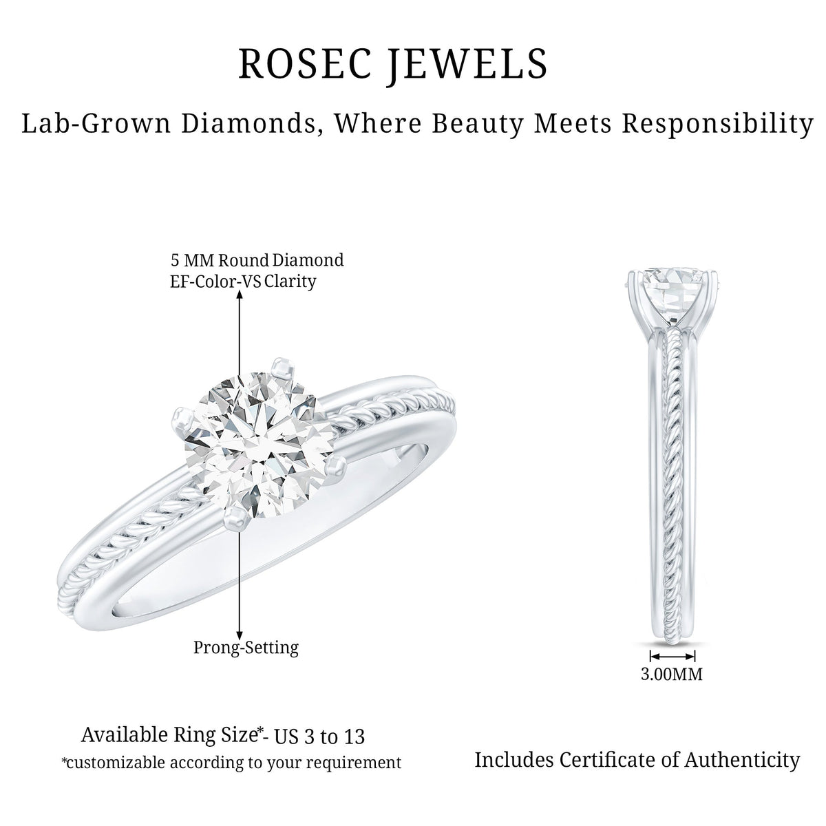 Certified Lab Grown Diamond 5 MM Round Solitaire Promise Ring