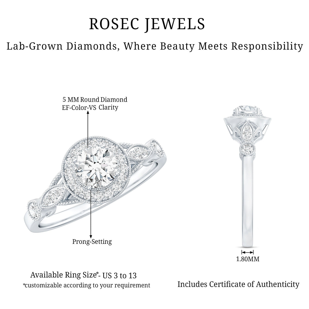 Vintage Looking 0.4 Carat Lab Grown Diamond Halo Engagement Ring With Side Stones