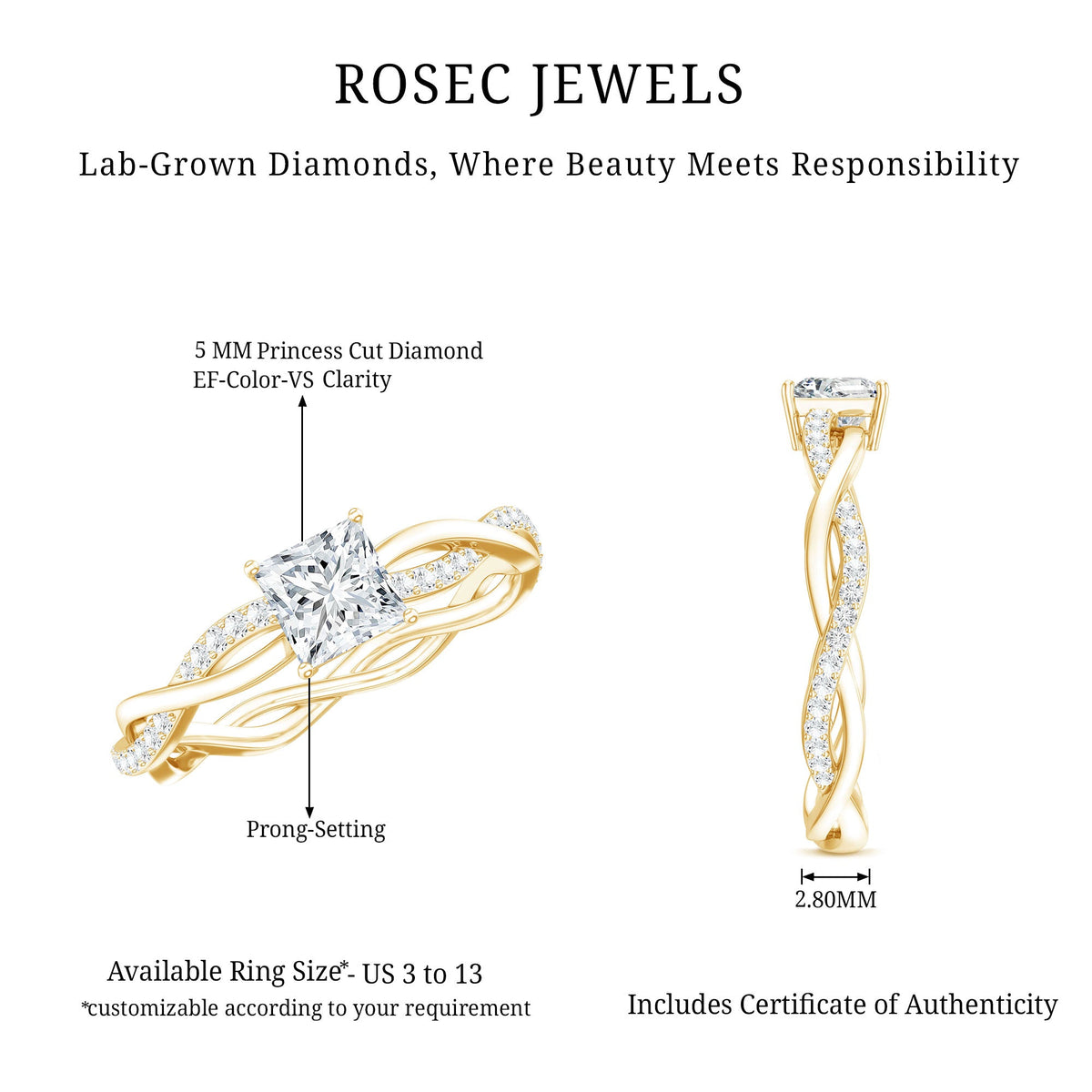 Certified Lab Grown Diamond 6MM Princess Cut Engagement Ring