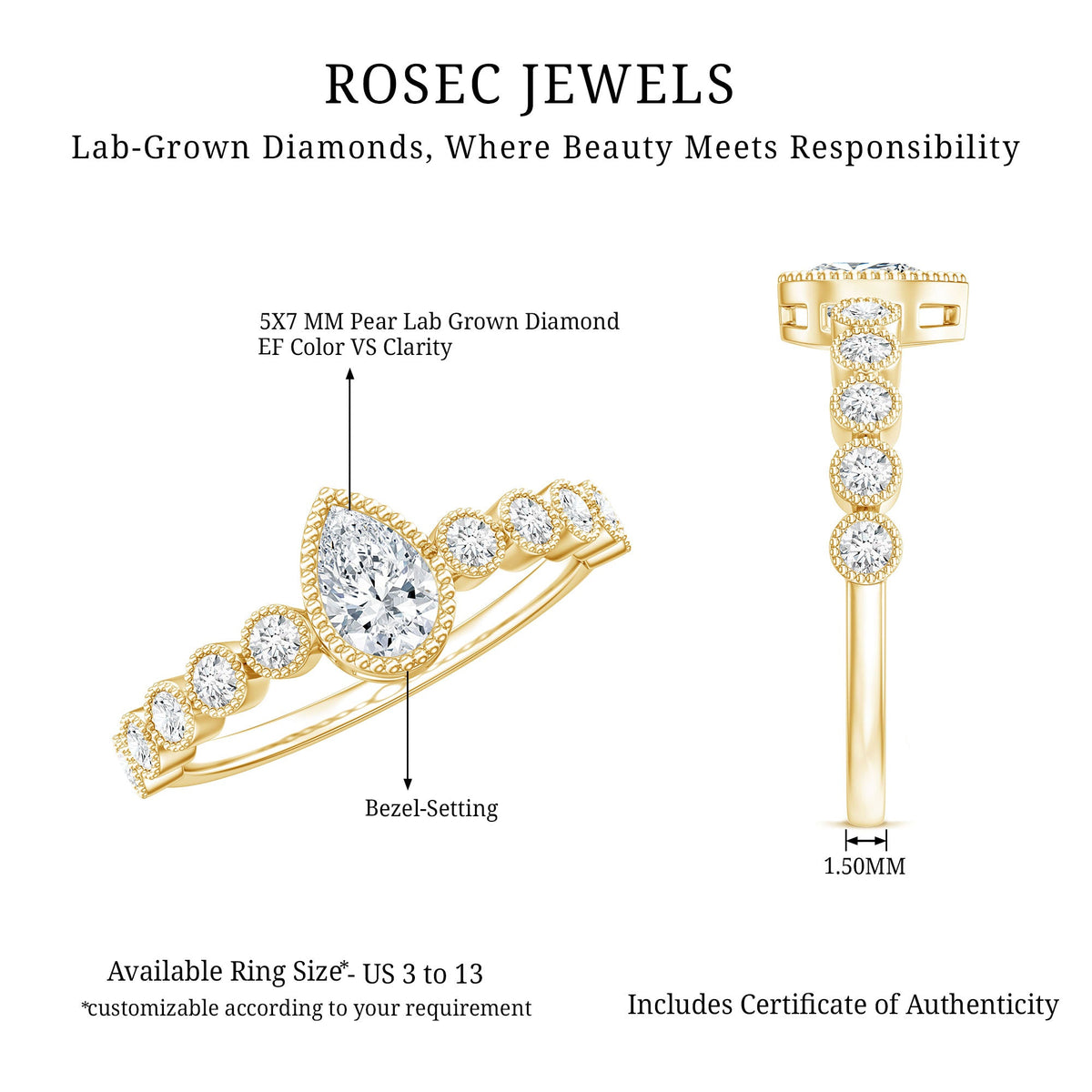 Lab Grown Diamond 5X7 MM Pear Shaped Engagement Ring With Side Stones