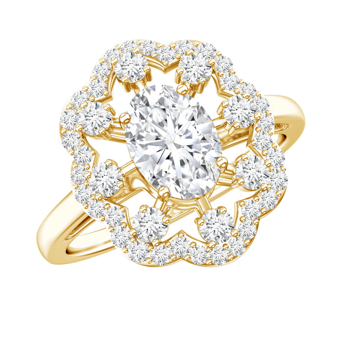 Lab grown diamond statement engagement ring from Rosec Jewels featuring a sparkling central diamond and intricate band design.